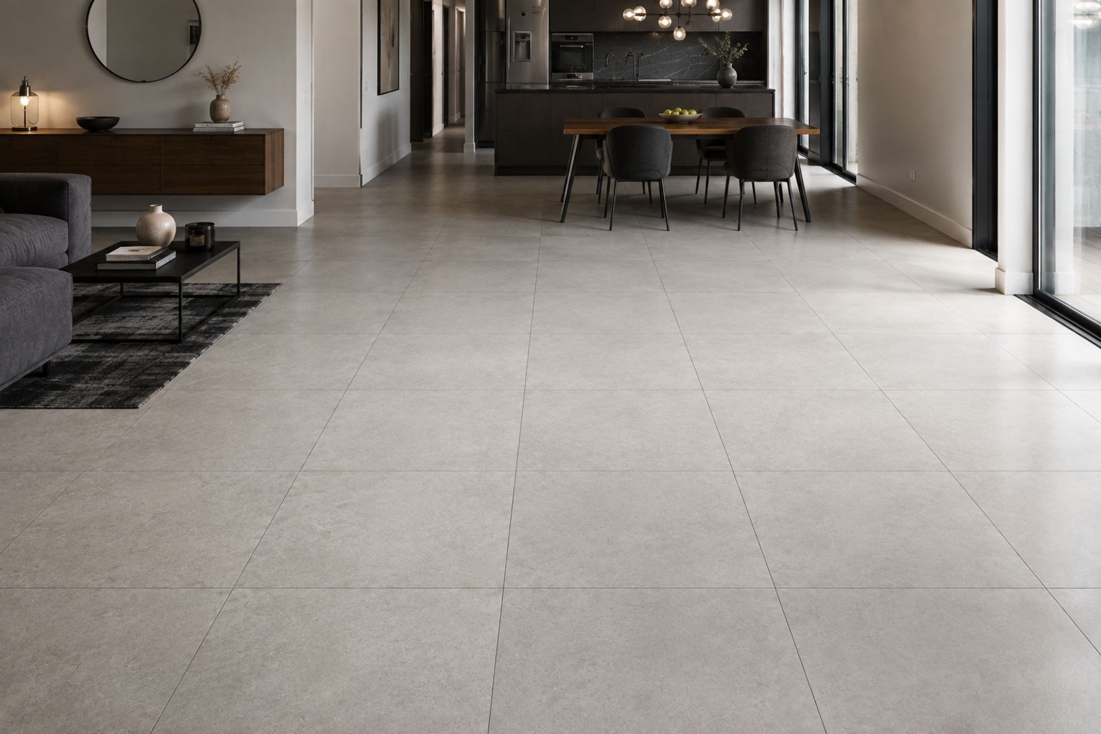Carrelage grand format gris, séjour ouvert sur cuisine, réalisation Cyborg Bâtiment